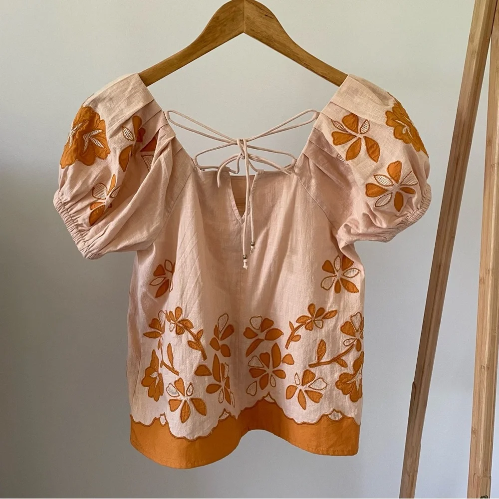 NWT Madewell Embroidered Flower Puff Sleeve Tie Back Top in Peach - XS